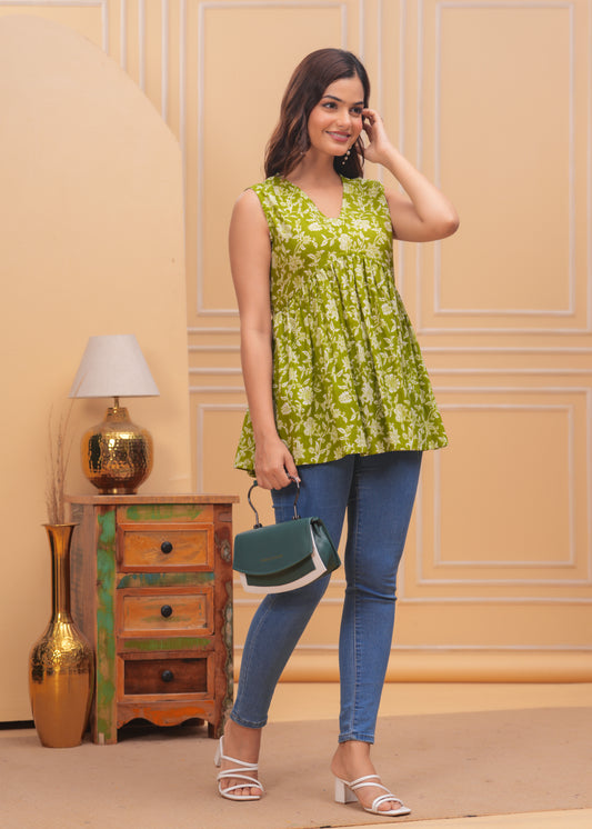 Olive Bloom Sleeveless Kurti