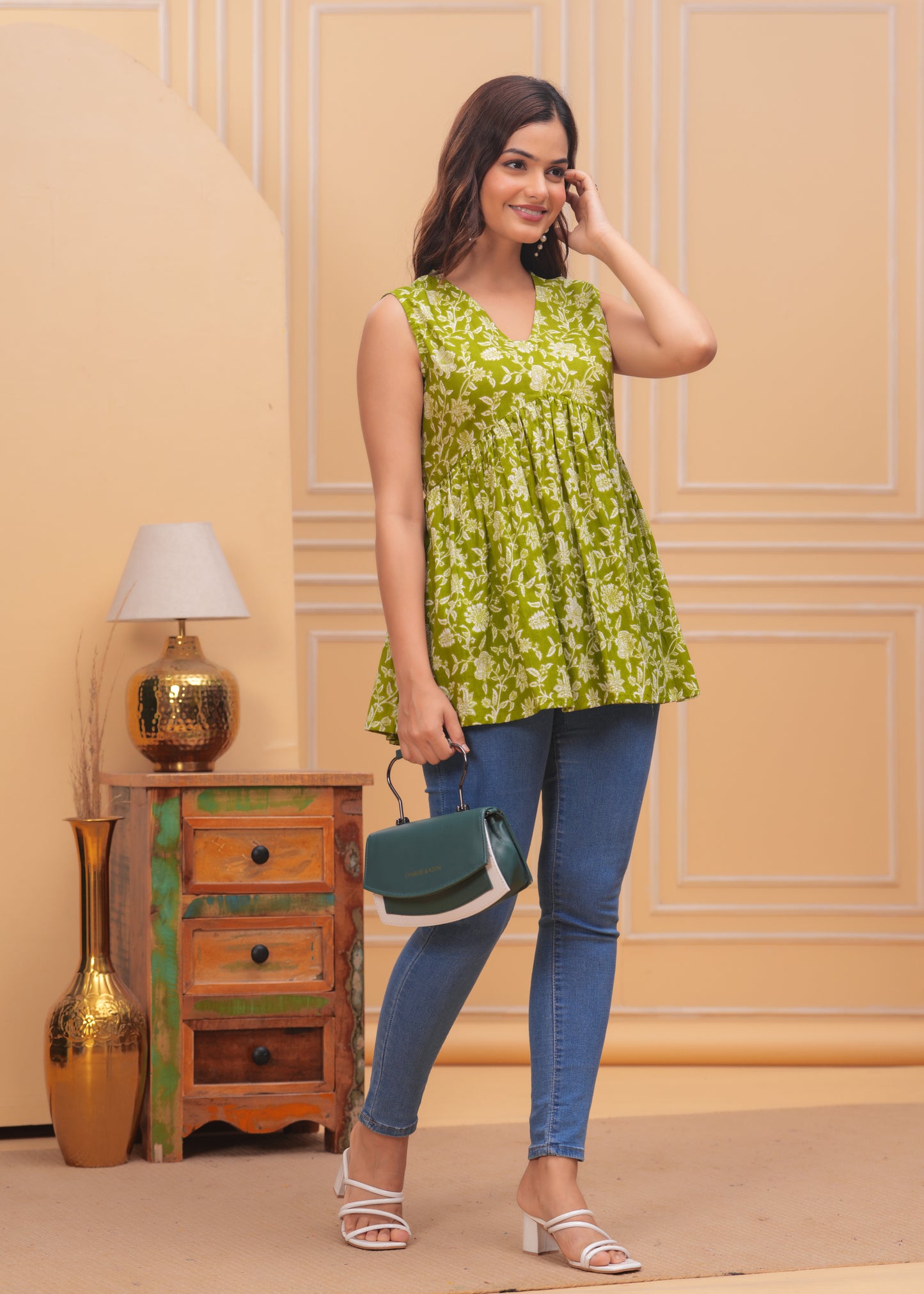 Olive Bloom Sleeveless Kurti